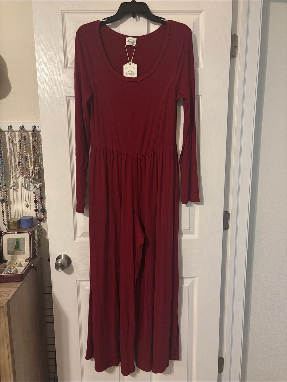 Very J Wide-Leg Ribbed Knit Jumpsuit-Burgundy- Size Large- NWT